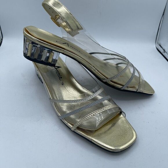 Vintage Clear Slingback Gold Pumps With Block Heel 6 - Picture 1 of 10